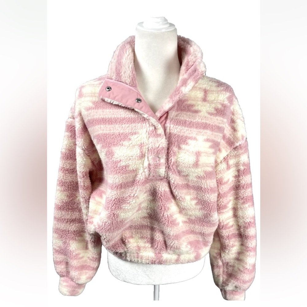 H&M Pink Aztec‎ Western Print Teddy Sherpa Pullover Snap Women’s Size S Fluffy